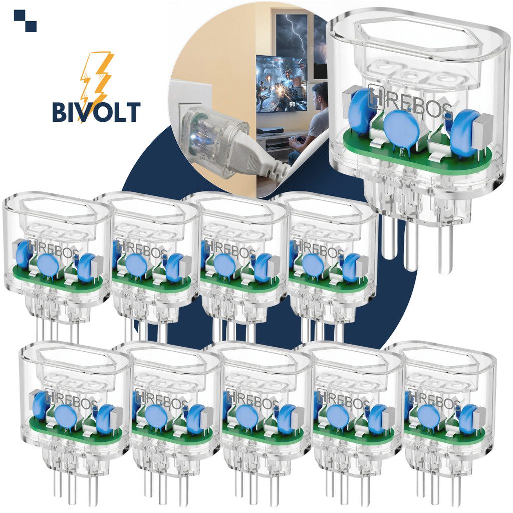 Kit 10 Protetor de Surto Dps Hrebos 3 Pinos 20A Bivolt Transparente Anti Raio Surtos Elétricos