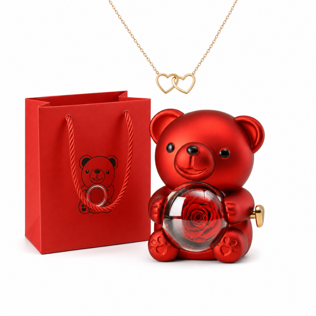Presente Romântico Urso Rosa Eterna Com Colar Banhado A Ouro 18k Caixa Luxo Mulher Esposa Namorada