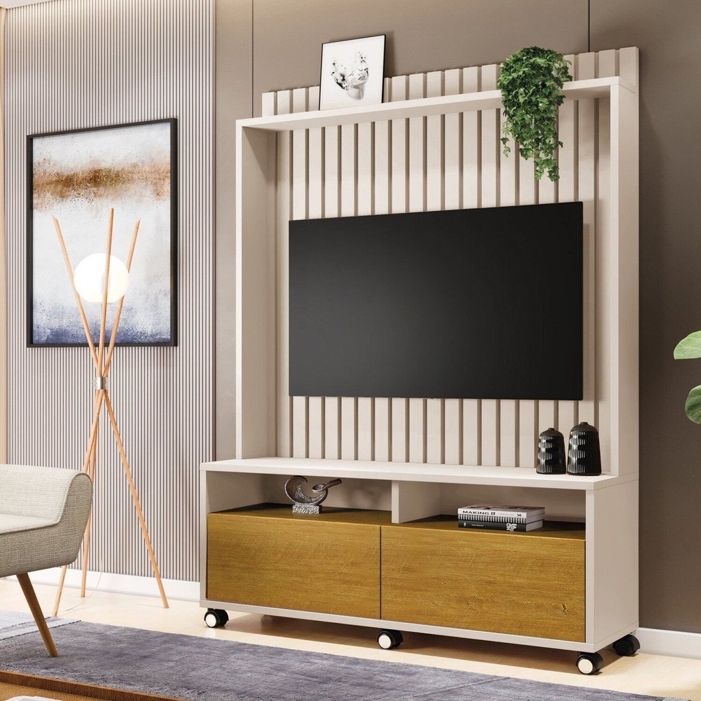 Estante para TV e Home Theater Ripado para TV até 50 Polegadas MDF 145CMX190CM Rodízio 2 Gavetas Estilos Bege Off