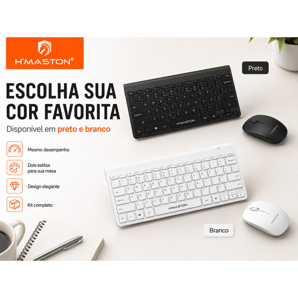 Kit Teclado e Mouse Sem Fio 2.4GHz H'MASTON JP102 À Prova d'Água Plug and Play Confortável para Escritório Home Office e
