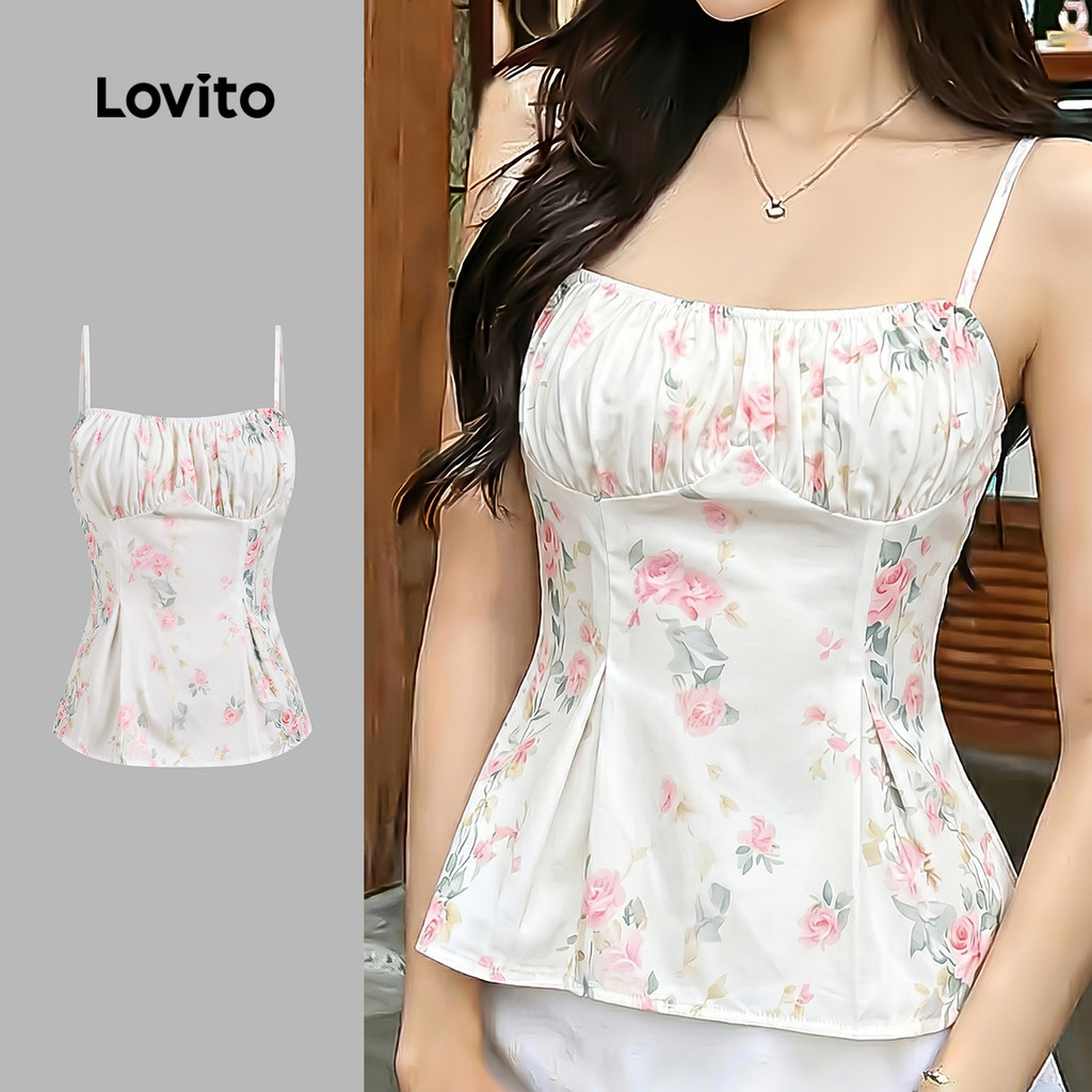 Lovito Casual Top Feminino com Linhas Estruturadas e Pregas Primavera/Verão LK6AD052