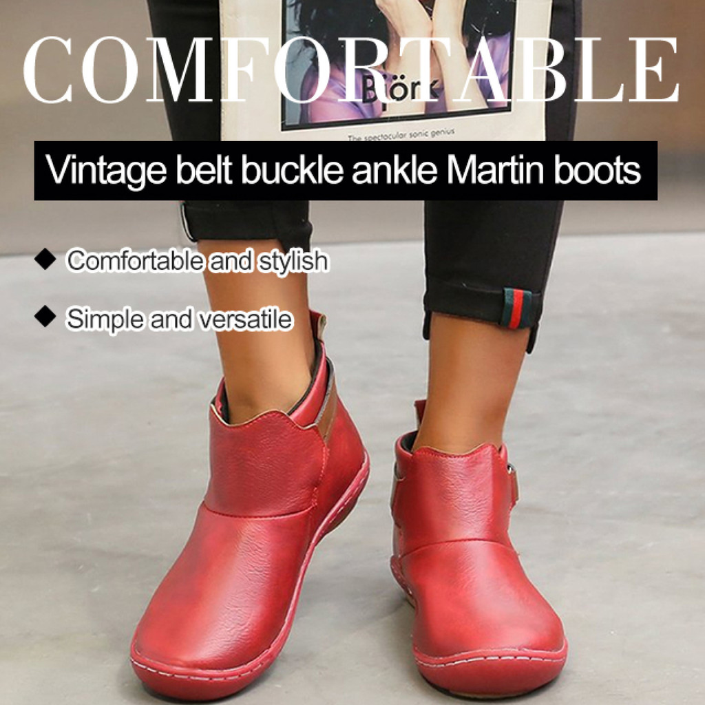 [Confortável] Stitched Belt Buckle Flat Heel Ankle Roman Boots Velcro/Botas de Velcro/Mulheres