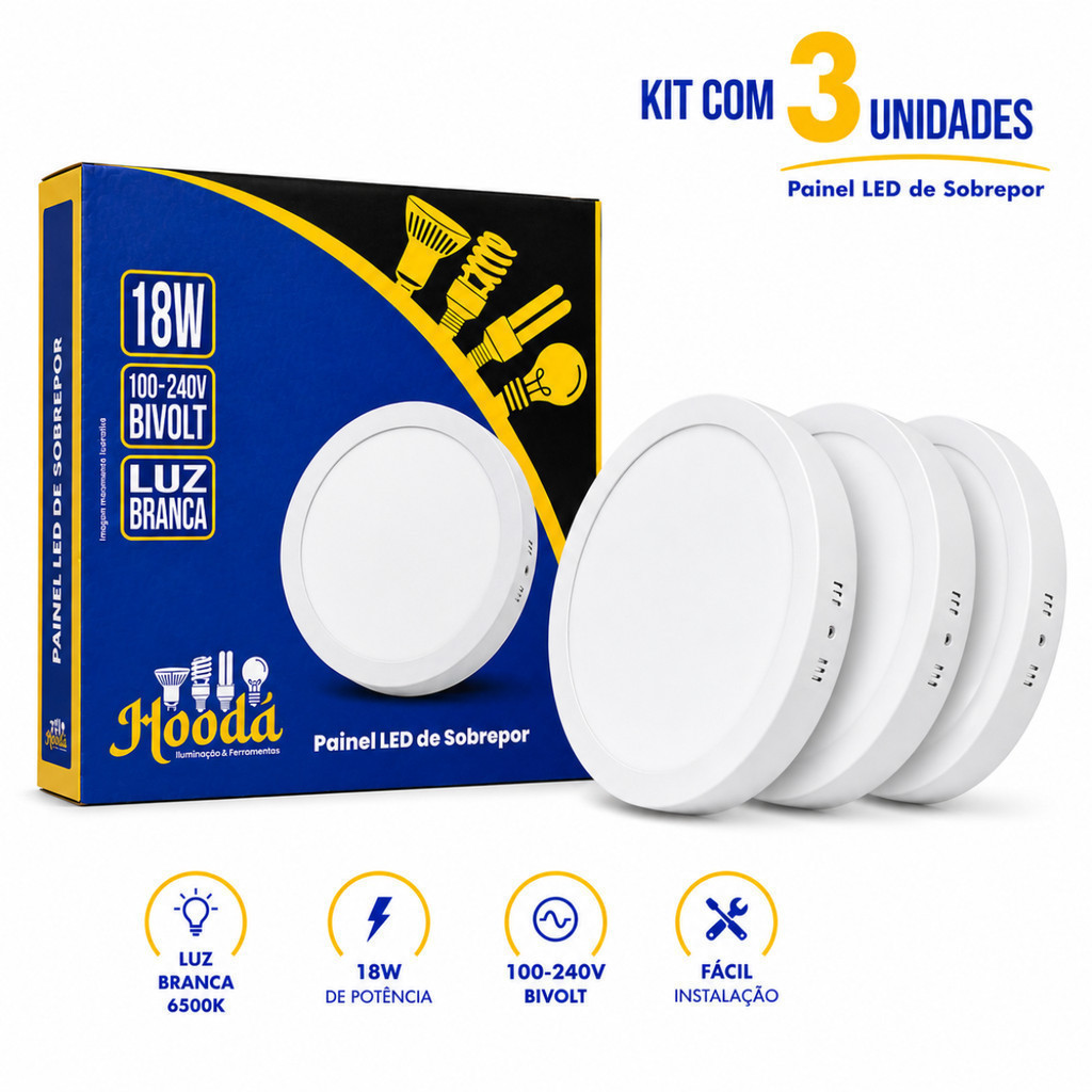 Kit 3 Painel Plafon Led 18w sobrepor redondo Hooda 6500k