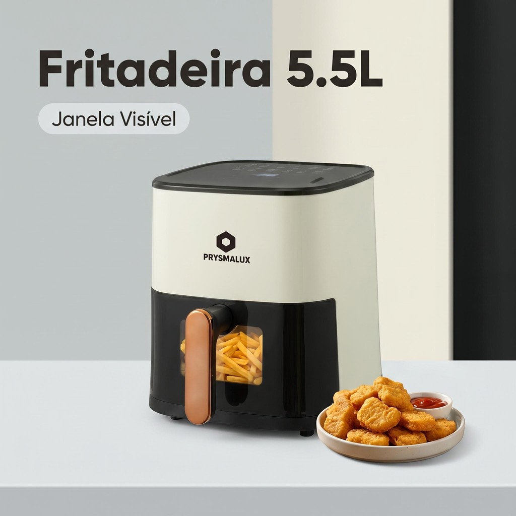 Fritadeira Air Fryer PRYSMALUX 5.5L Visível 1350W, 80% Menos Óleo Temperatura Ajustável 80℃-200℃ Cozinha Rápida Saudável