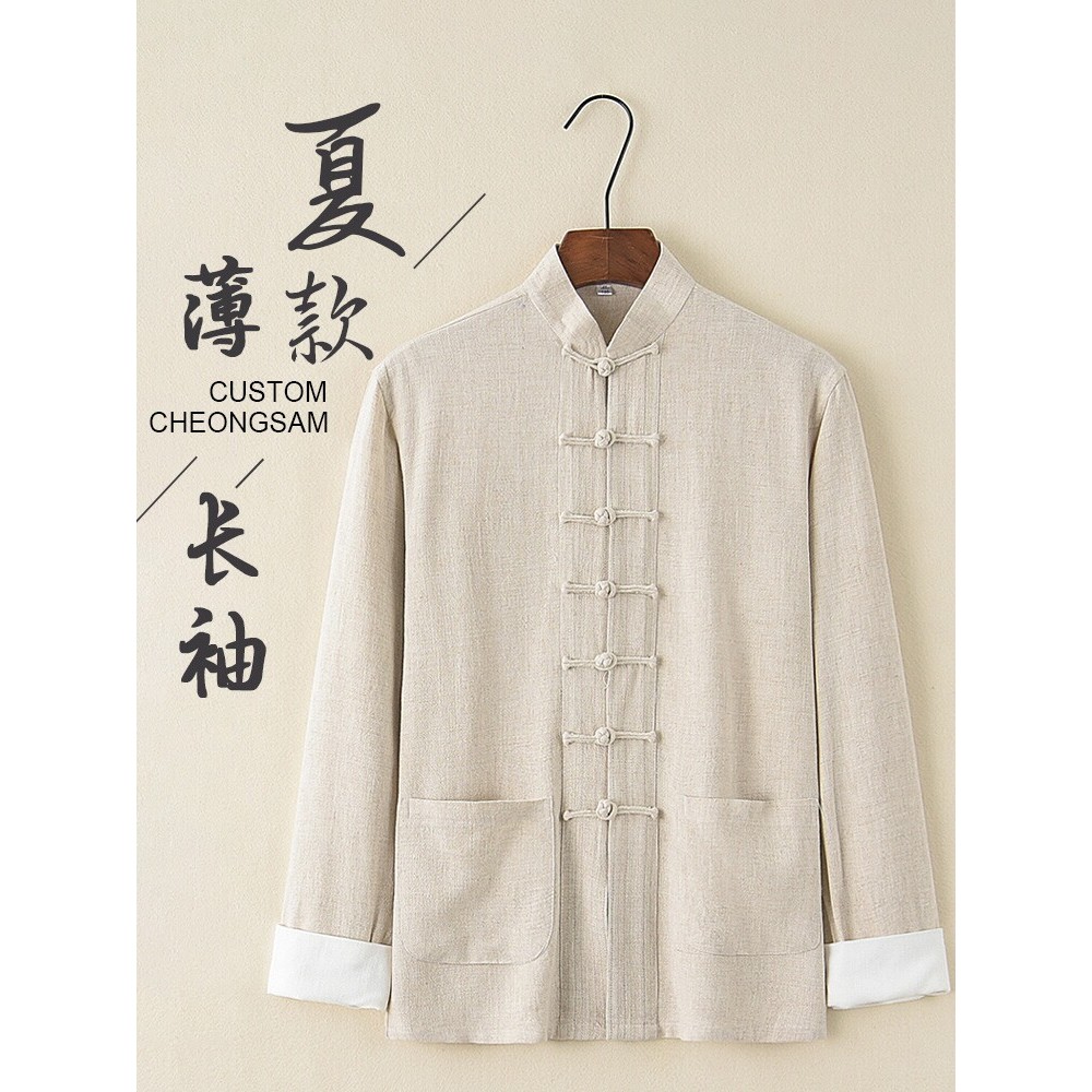 T Tang terno masculino Street Wear estilo chinês Retro jaqueta de algodão linho topo verão estilo fino verão manga compr