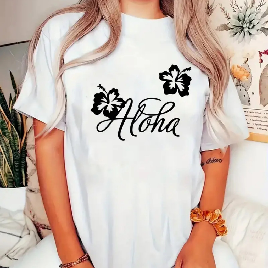 Camiseta de manga corta para mujeres con estampado de flores Aloha - Top de cuello redondo casual con estiramiento medio