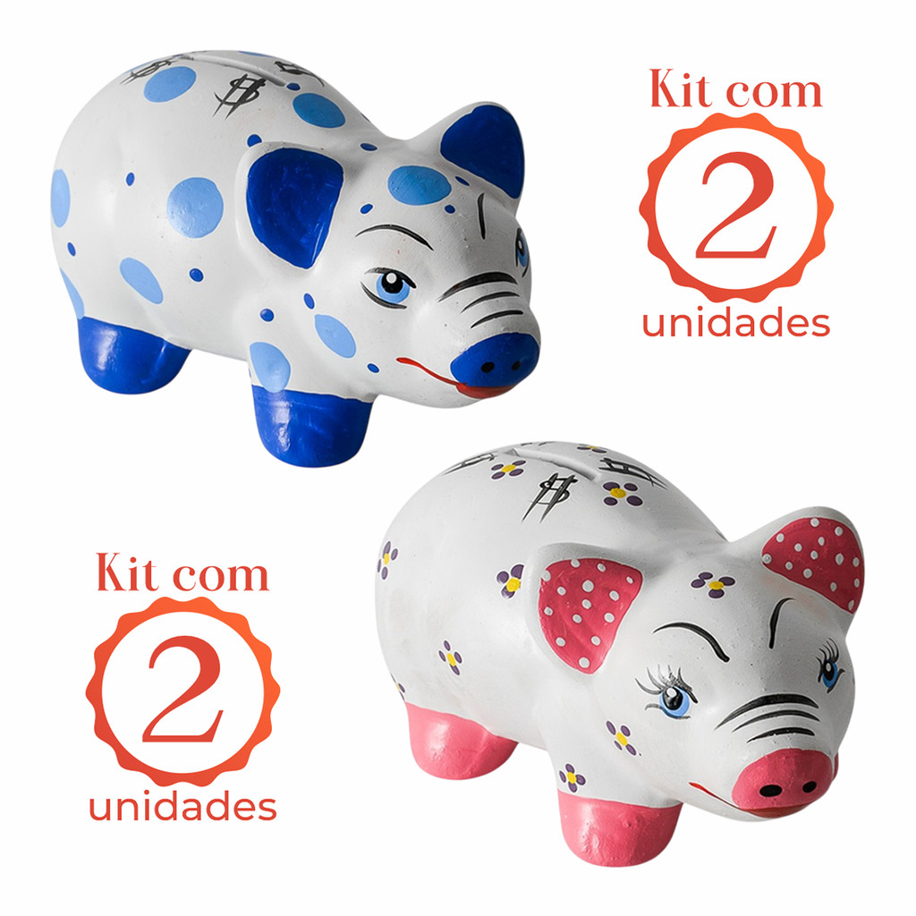 Kit 2 Cofrinho Porquinho Faiança Pintado Mao Quebra Guardar Moedas Dinheiro Cores Variadas Decoração