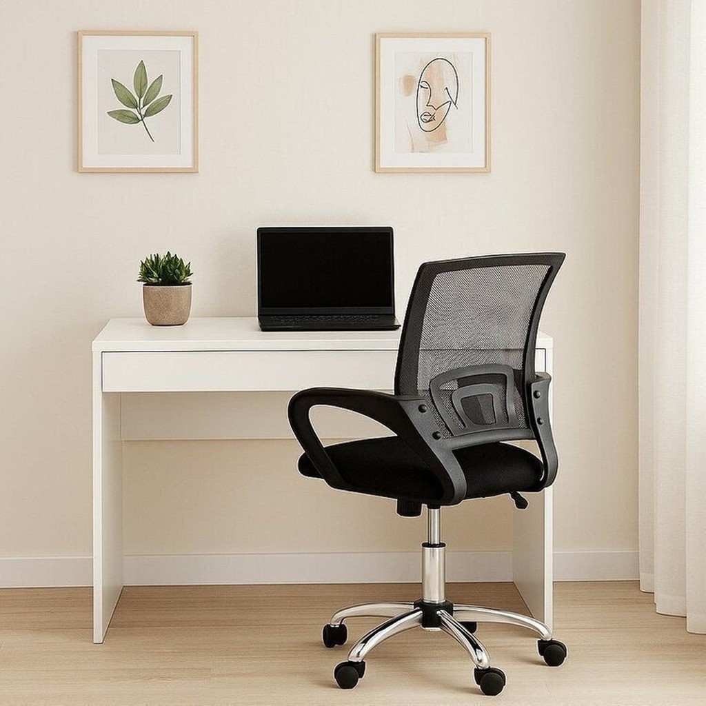 Conjunto 2 Peças com Escrivaninha 91cm Facility e Cadeira Escritorio Diretor Tela Mesh Tok 3310 Branco Preto