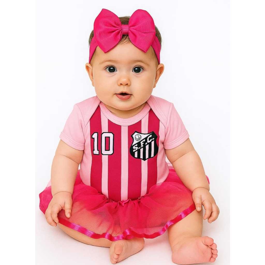 Body Bebê Menina Rosa | Time da Vila | Chope Peixe | Vestido Temático Mesversário com Saia e Laço