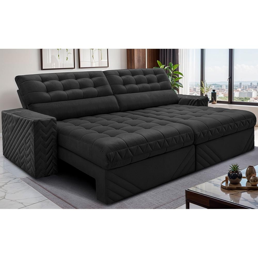 Sofá Retrátil e Reclinável 3,00m Molas Ensacadas Max Spring Velusoft Preto Cama inBox em Oferta na Shopee