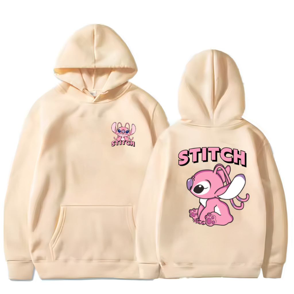 Moletom Canguru Feminino Stitch Angel Inverno Estilo Quentinho Casual Flanelado Capuz Estampado Algodão