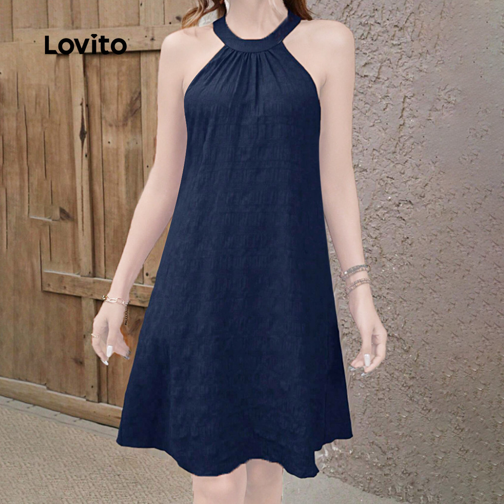 Detalhes do Vestido A-Hem Textura Halter Neck Sem Mangas-DRB149P1D335