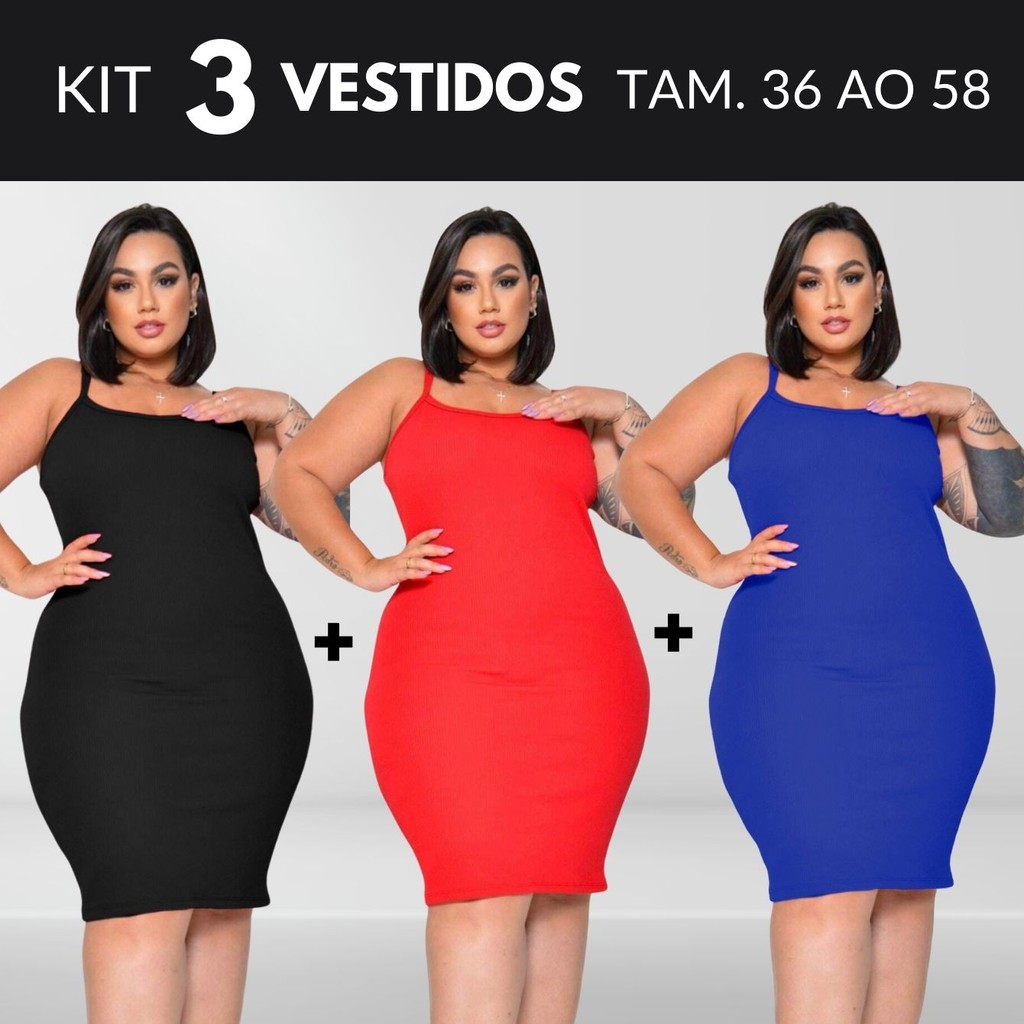 KIT 3 Vestido Feminino Plus Size Vestido Midi Vestidos Vestido Canelado Roupas Midsize Vestido Preto Tamanho 36 Ao 58