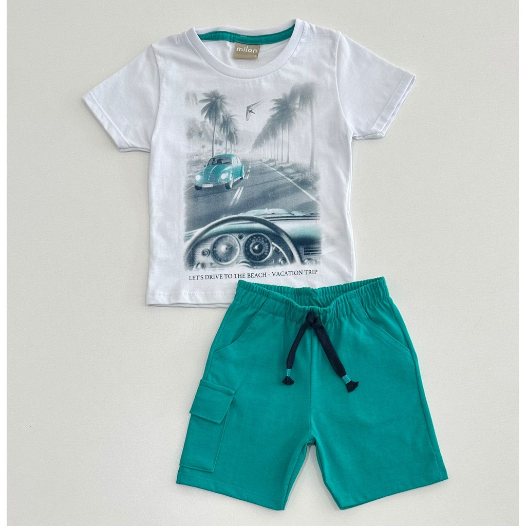 Conjunto Infantil Milon Masculino Camiseta Fusca com Bermuda Verde Água
