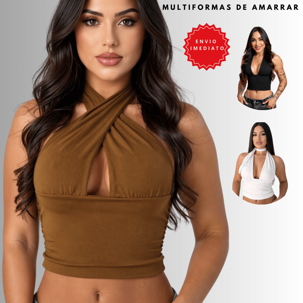 Blusa Top Cropped Com Amarraçao Multiformas Decote Forado Festa Moda Gringa Decotado Suplex Premium Sexy Sustentaçao Sli
