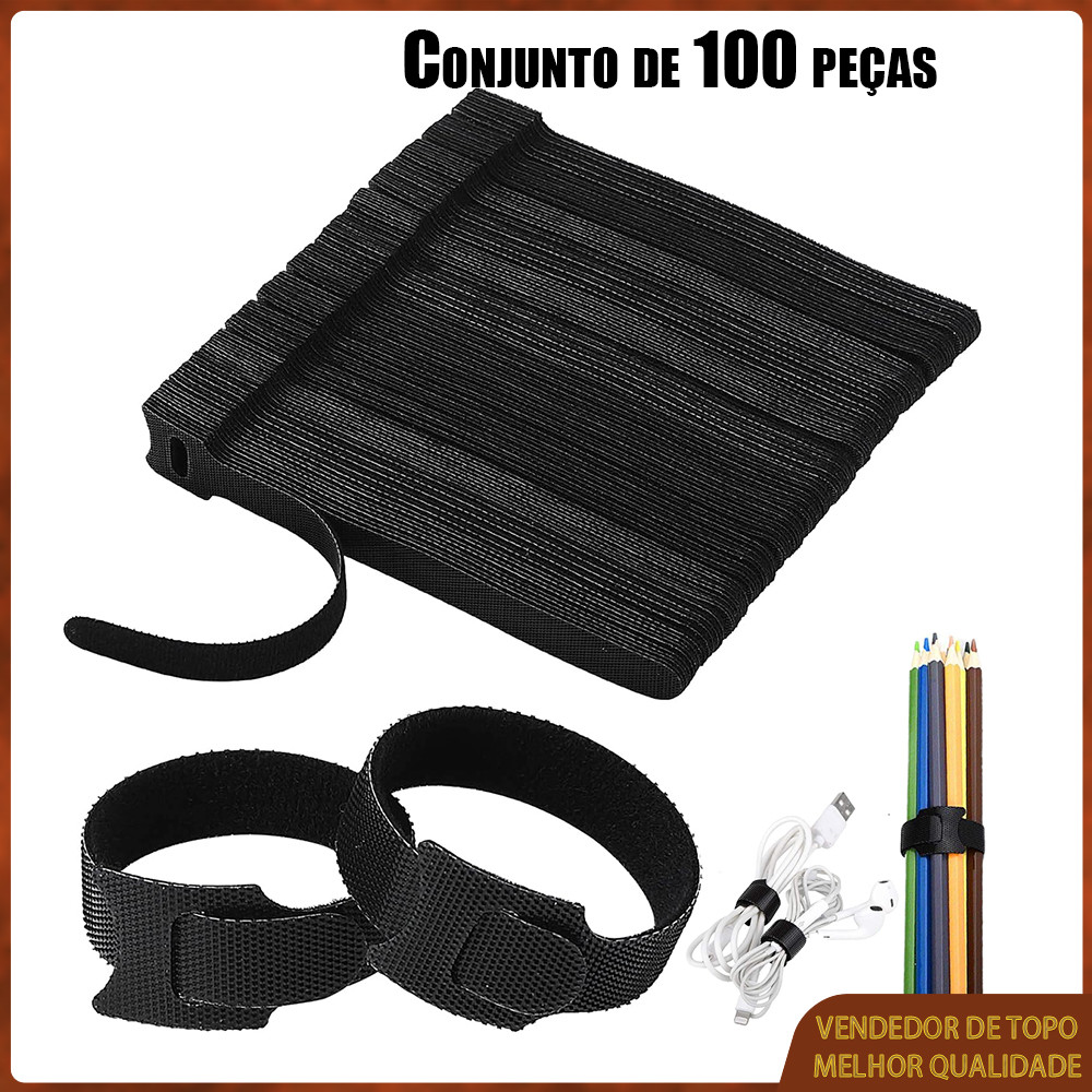 100 abraçadeiras/tiras de velcro para cabos fitas pretas para organização de cabos