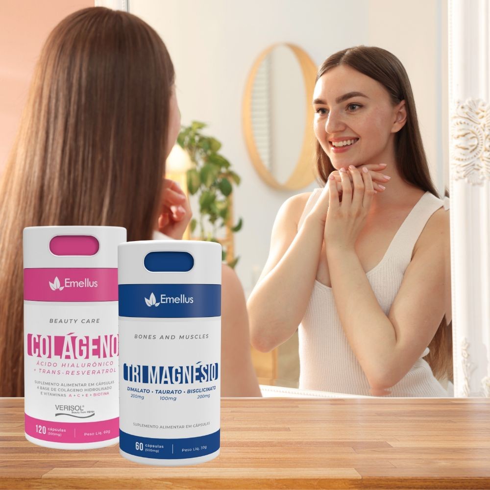 Kit Magnésio 60 Cápsulas  + Colágeno Hidrolisado 120 Cápsulas Ácido Hialurônico, Resveratrol, Biotina, Vitaminas A+C+E