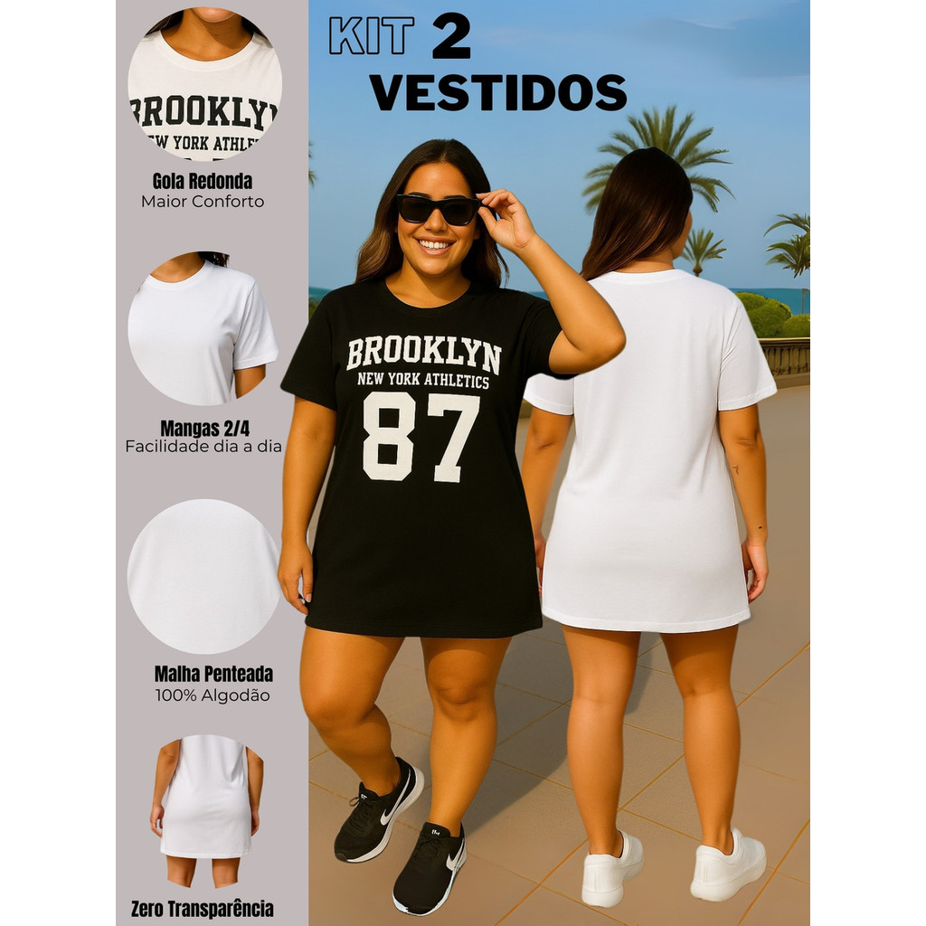 Kit 2 Vestidos Camisetão Oversized Malha Algodão Confortável
