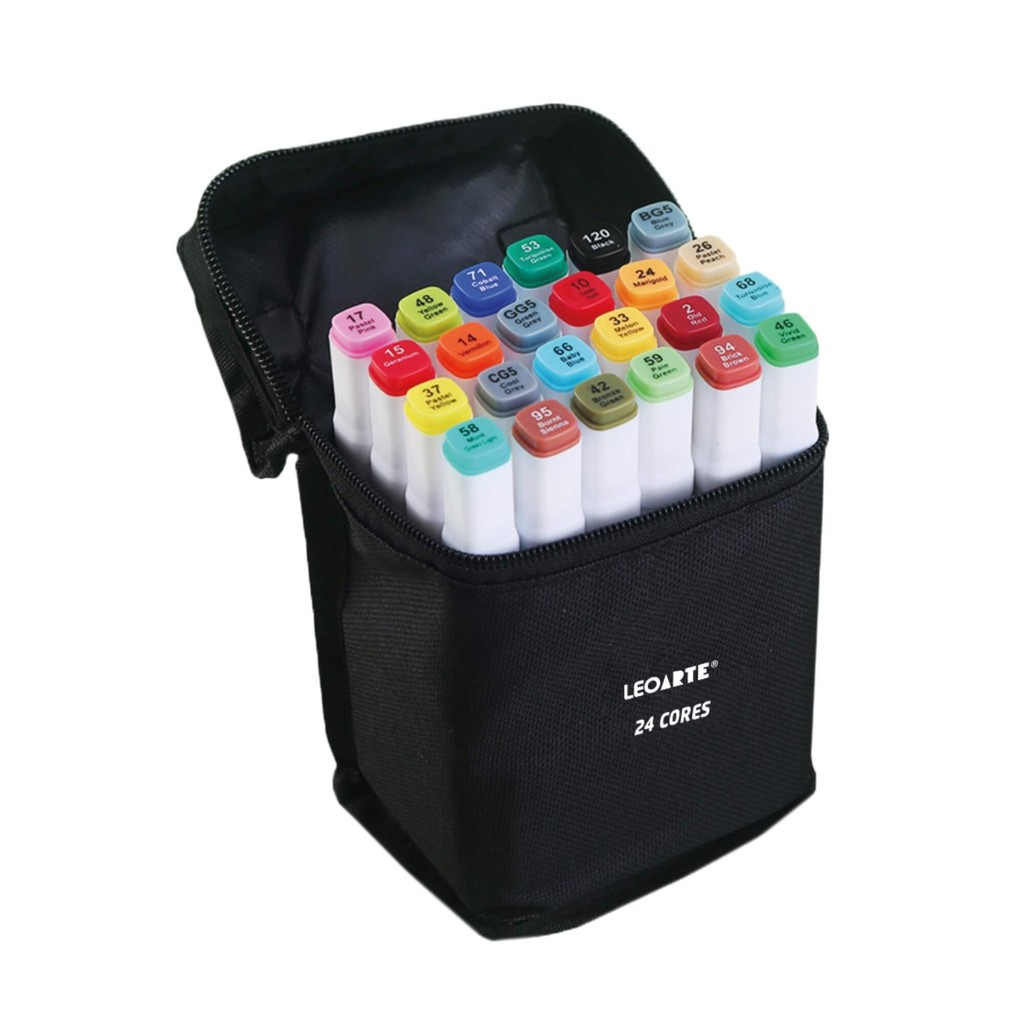 Caneta Marcador Dual Tip Profissional e Artistico Estojo Tecido c/ 24 cores Leonora Canetinha em Oferta na Shopee