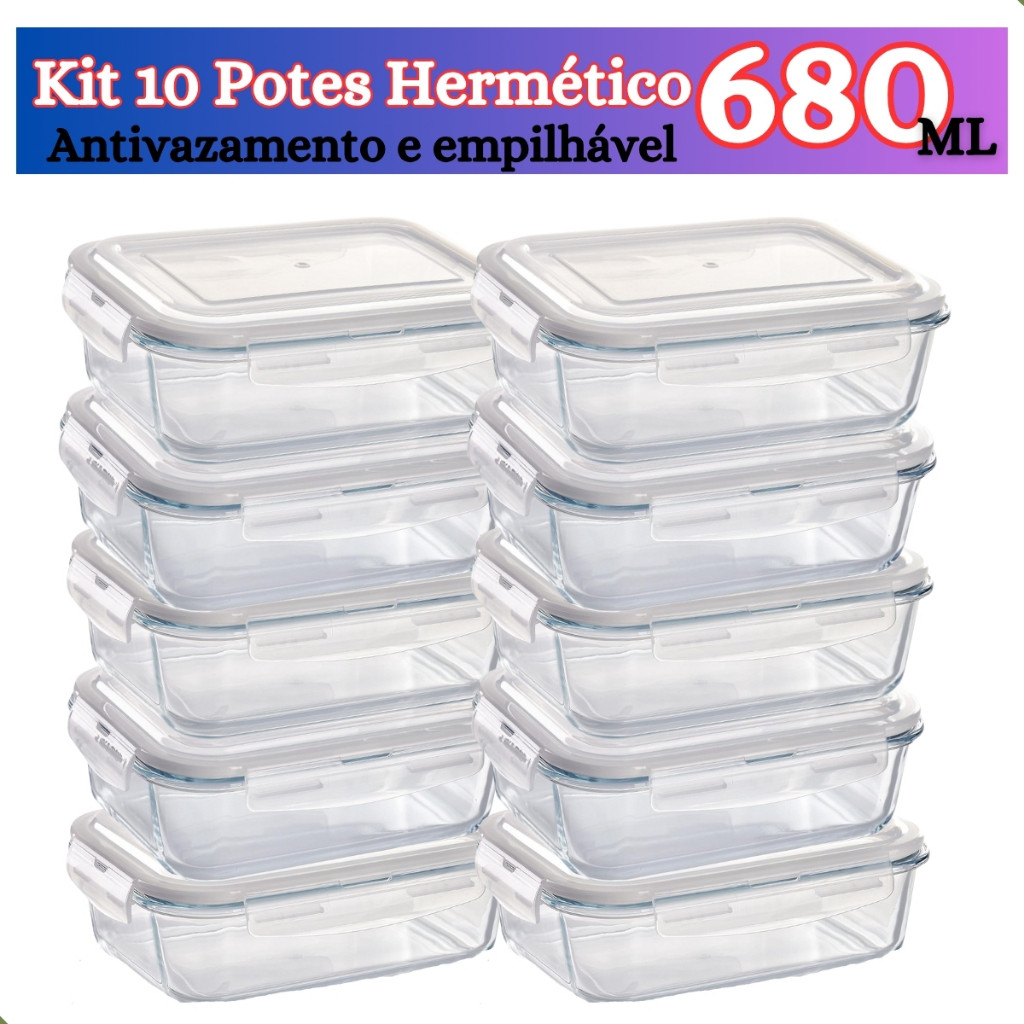 Conjunto 6 até 12 Potes de Vidro 370ml ou 640ml Hermético Marmita Fit com Tampa 4 Travas Premium