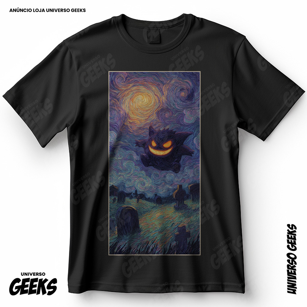 Camiseta Pokémon Gengar Fantasma A Noite Estrelada Van Gogh Blusa Camiseta de Anime 100% Algodão