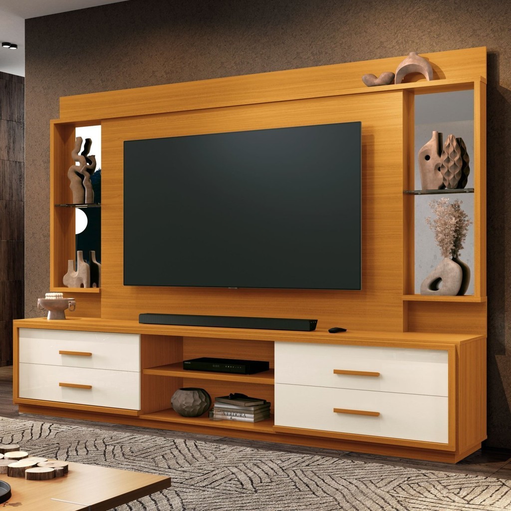 Estante Home para TV 75 com Espelho 4 Gavetas Rodízios Cedro/Off White Leni Cedro/Off White