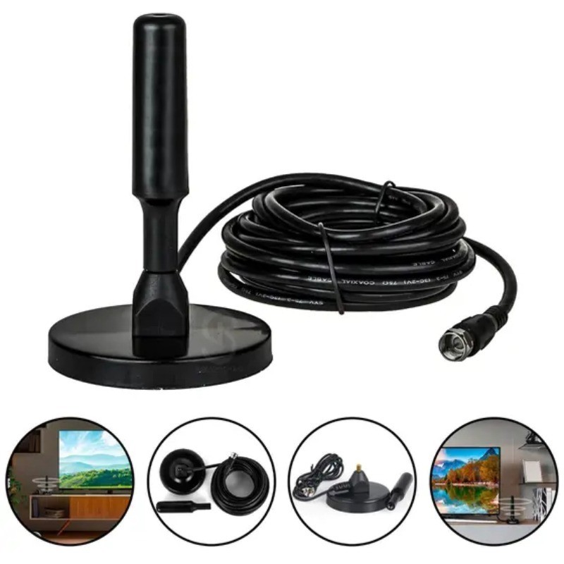 Antena Digital Amplificada Interna e Externa 90cm-5 Metros Base Imã Prova d'água 4DBI HDTV/UHF/VHF