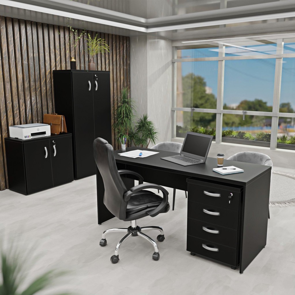 Kit 4 Peças com Mesa para Escritório, Gaveteiro e 2 Armários Preto em Oferta na Shopee