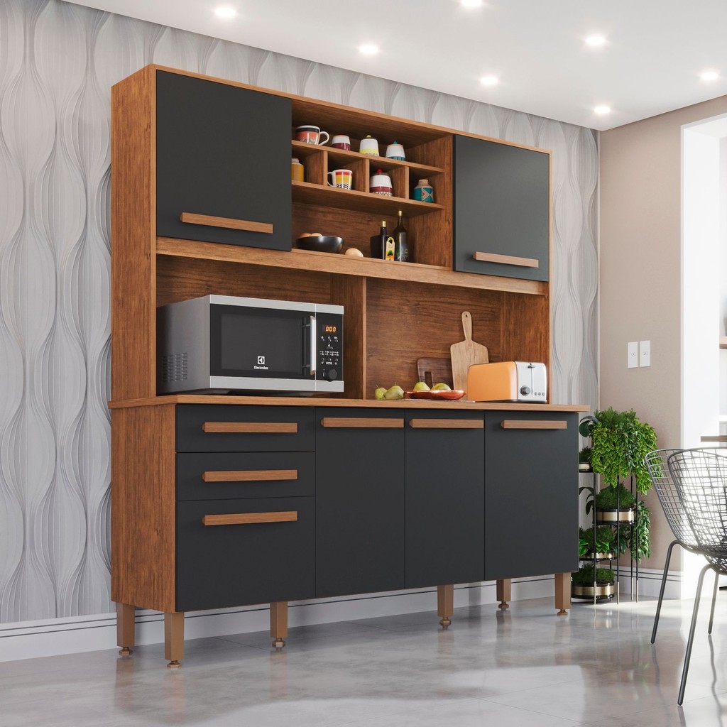 Armário para Cozinha 6 Portas 2 Gavetas Luna Plus  Cinamomo/Grafite