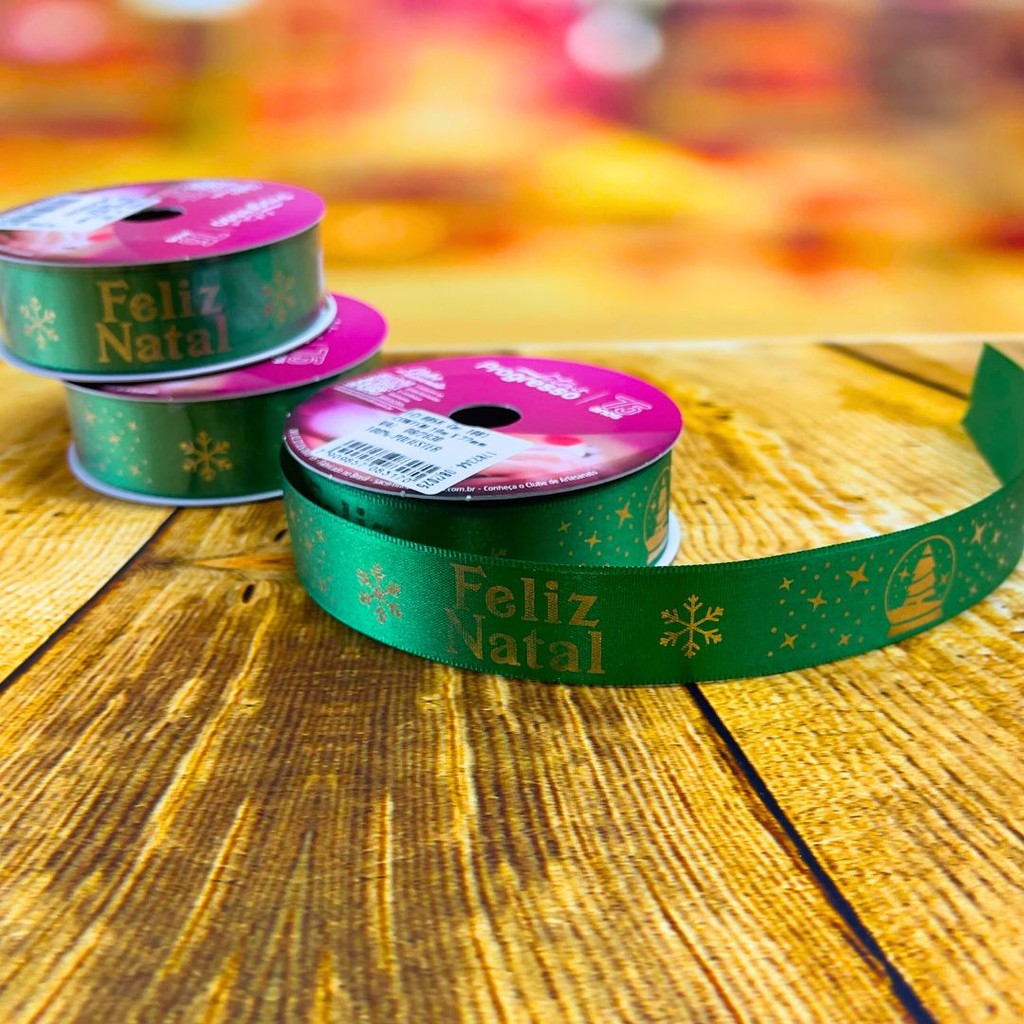 Detalhes do 5 ROLO DE 10 METROS DE FITA CETIM 22 MM FELIZ NATAL COR 1081  - FITAS PROGRESSO