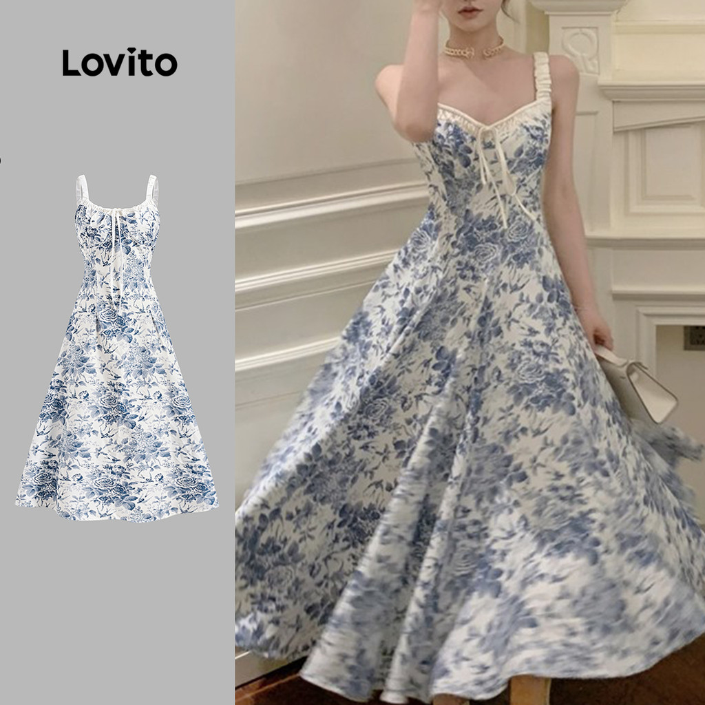 Lovito Vestido Casual Floral com Gola Contrastante, Faixas e Cadarço, Verão/Primavera, Mulheres L129AD161 em Oferta na Shopee