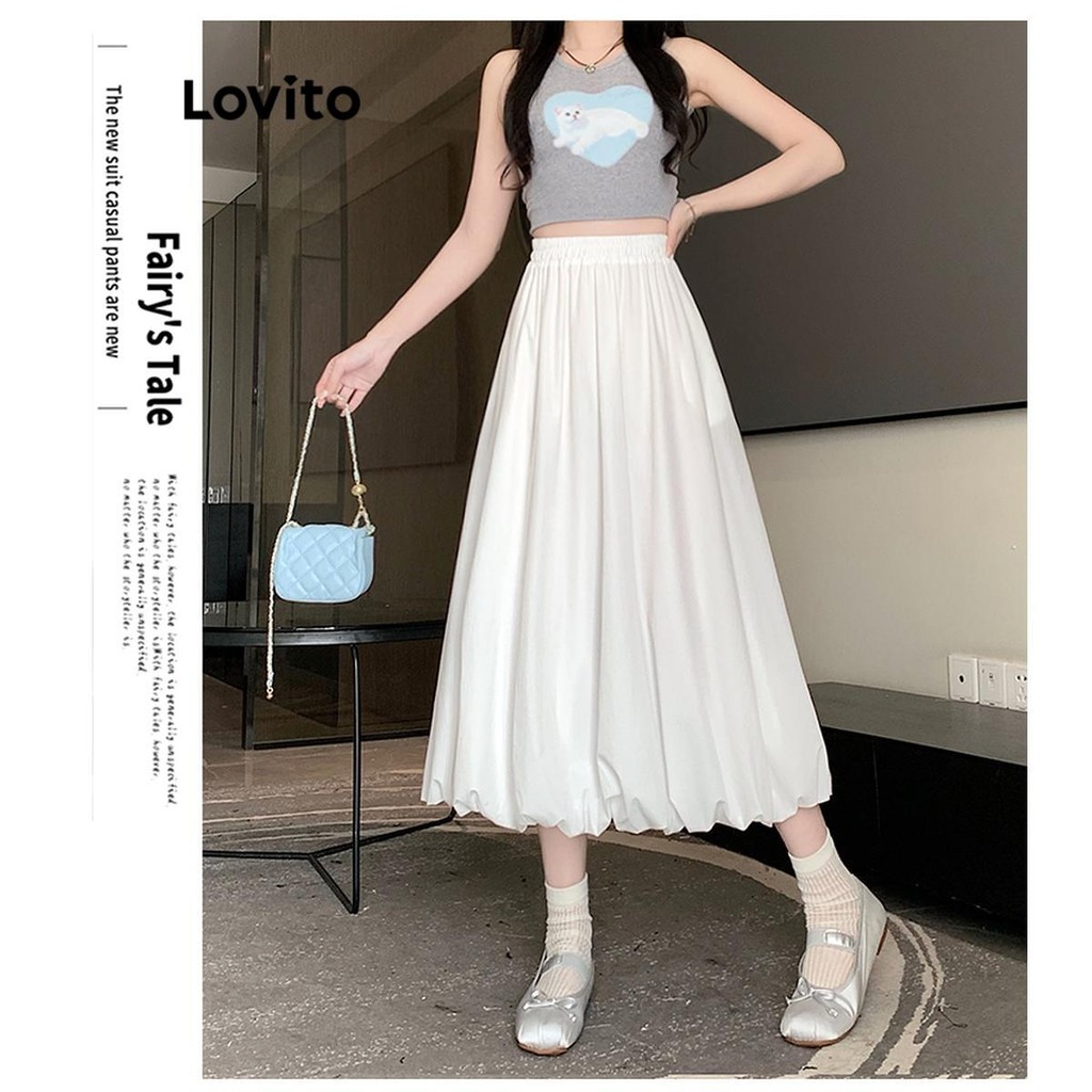 Detalhes do Lovito Saias Casuais Saia Plissada Lisa Para Mulheres LNA62057