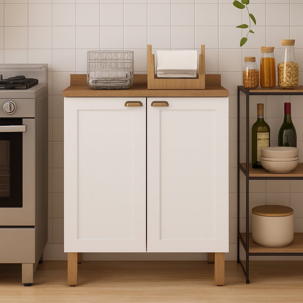 Balcão 2 Portas Americano Provençal 100% MDF com Tampo Iluminata Branco/Ébano