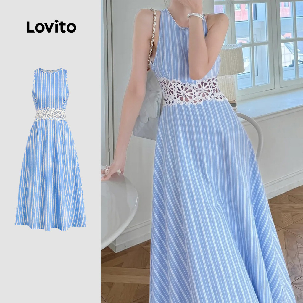 (NEW) Lovito Vestido Casual Geométrico de Primavera/verão Azul para mulheres L154ED595