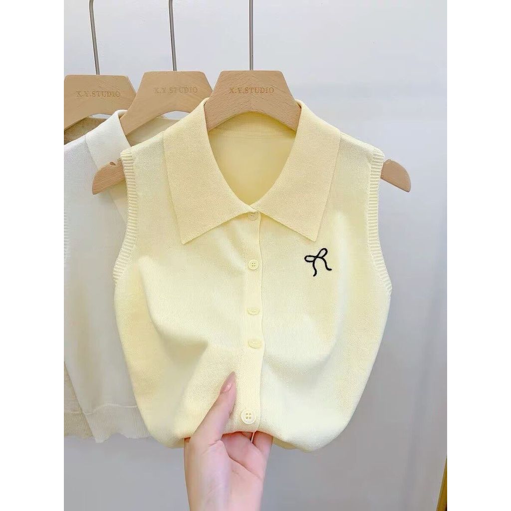 Nicho verão novo estilo gola Polo colete de malha sem mangas colete superior feminino moda exterior Wear colete ins