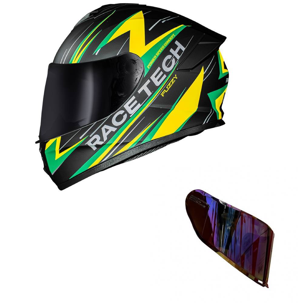 Capacete Race Tech Hit Fuzzy Preto Verde e Amarelo Mais Viseira Camaleão Vermelha