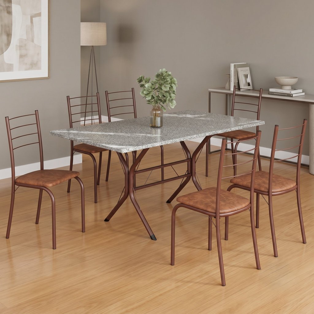 Conjunto Sala de Jantar Mesa Retangular 140x75cm Tampo Granito Topázio 6 Cadeiras Rio Marrom