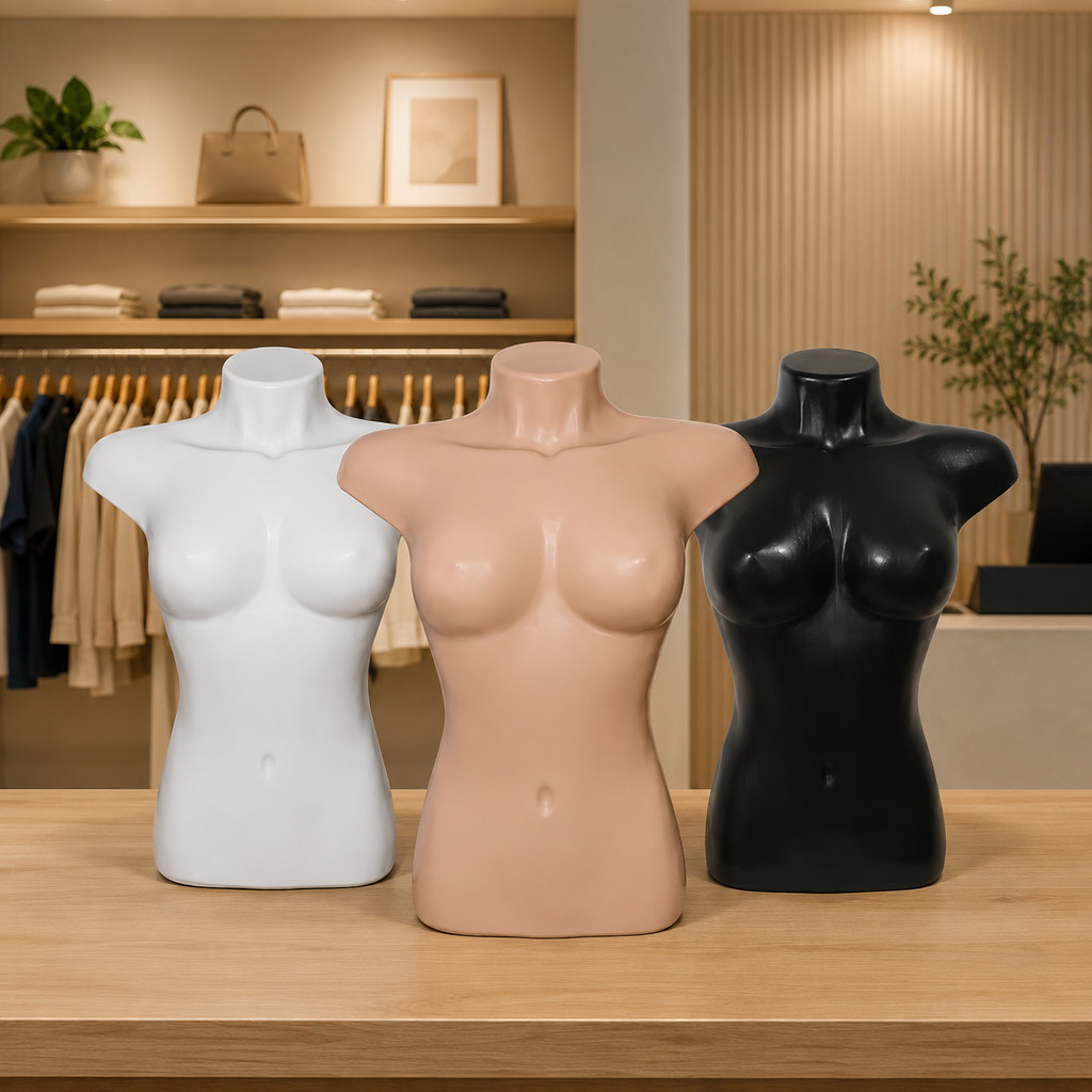 Busto feminino manequim expositor para roupas blusas acessórios lingerie meio corpo plástico