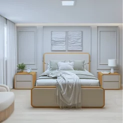 Kit 3 Peças com Cama de Casal e 2 Mesas de Cabeceira Loop Marrom Amêndoa Clean/Off White