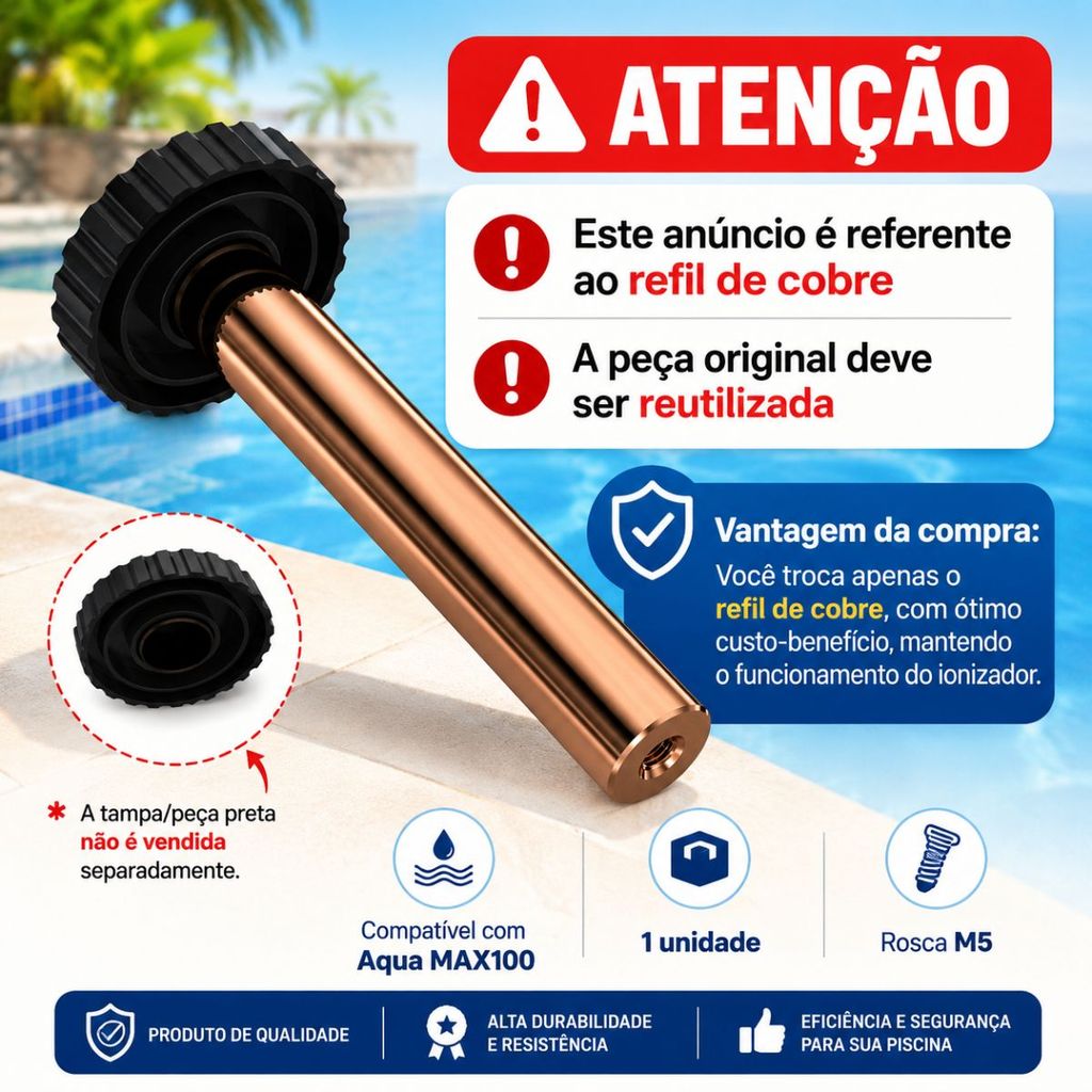 Refil Eletrodo De Cobre Compatível AquaMax100 Ionizador Solar Piscina Rosca M5
