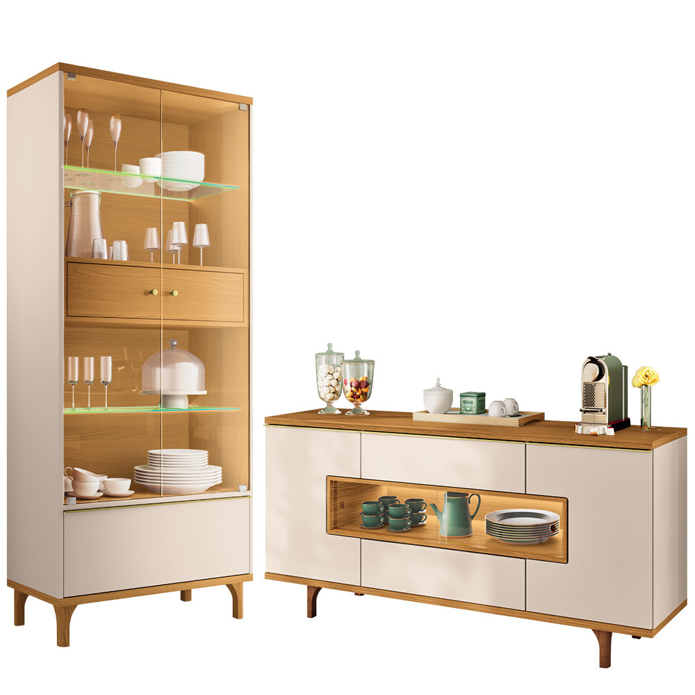 Kit Aparador Buffet Lizzano e Cristaleira Com LED Para Sala De Jantar Lúmen B01 Off White Cinamomo - Lyam Decor