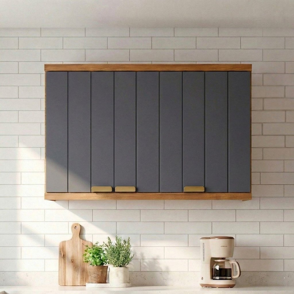 Armário Aéreo para Cozinha 3 Portas Elena Bege/Cinamomo/Titanium