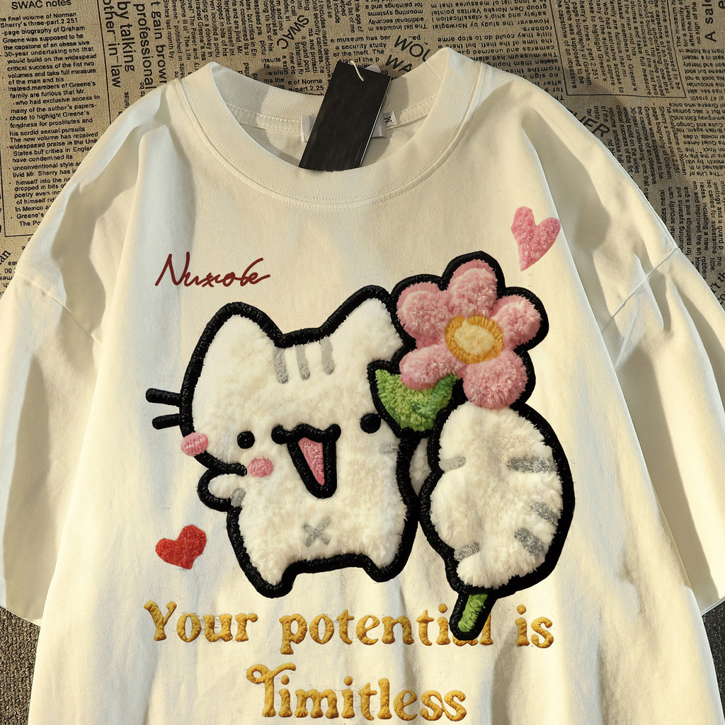 2026 novo estilo imitação bordado pequeno gato puro algodão manga curta camiseta meninas verão oversize Casual impresso 