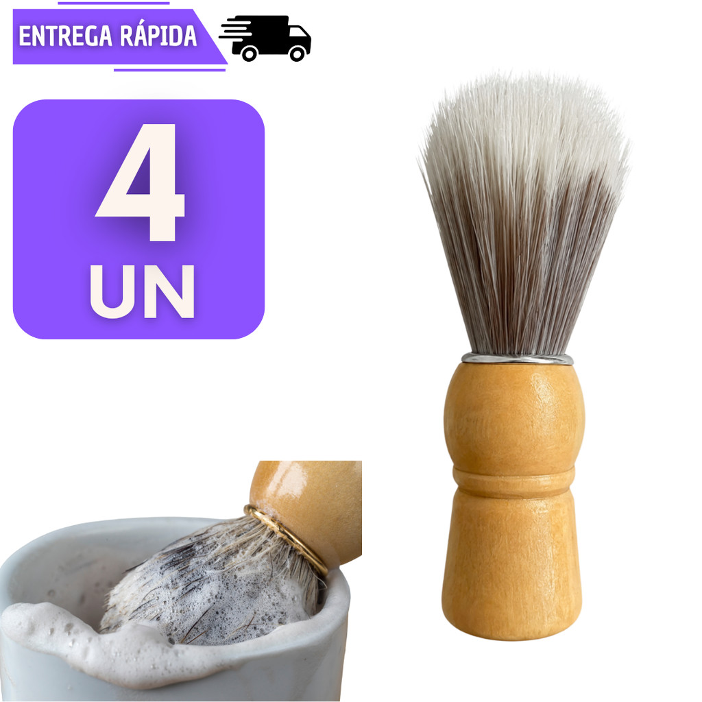 Jogo 4 Pincel Para Barbear Clássico Cabo de Madeira Cerdas Suaves Masculino Barba Barbeador Barbearia