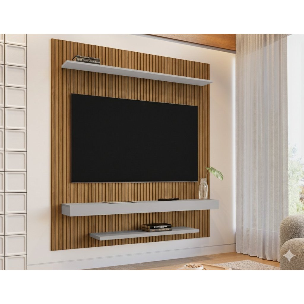 Painel Ripado para TV até 60 Polegadas 150cmx160,2cm Impressão Ripada 3D Leme Marrom Cinamomo/Off-White Cinamomo/Off