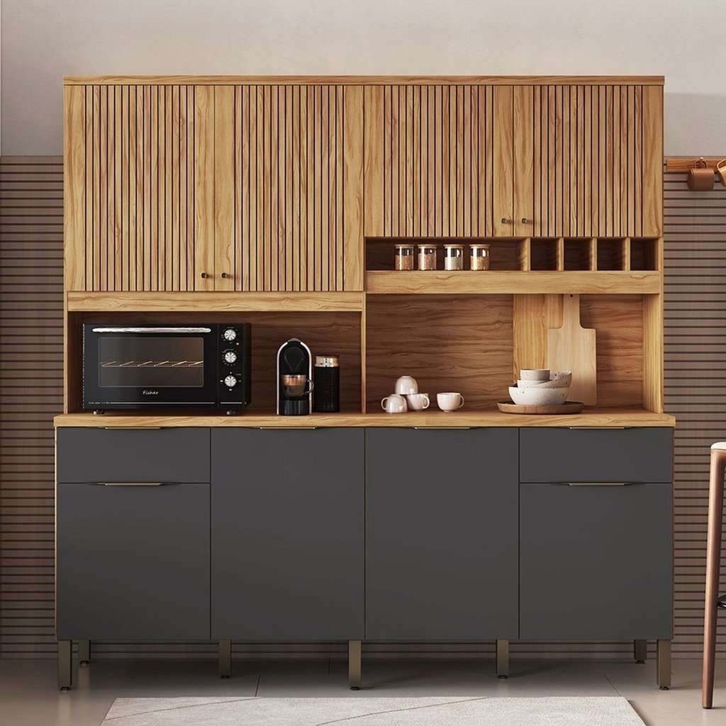 Armário de Cozinha Compacta 8 Portas 2 Gavetas e Mini Adega 200cm 100% MDF Hungria Espresso Móveis Amêndoa/Chumbo