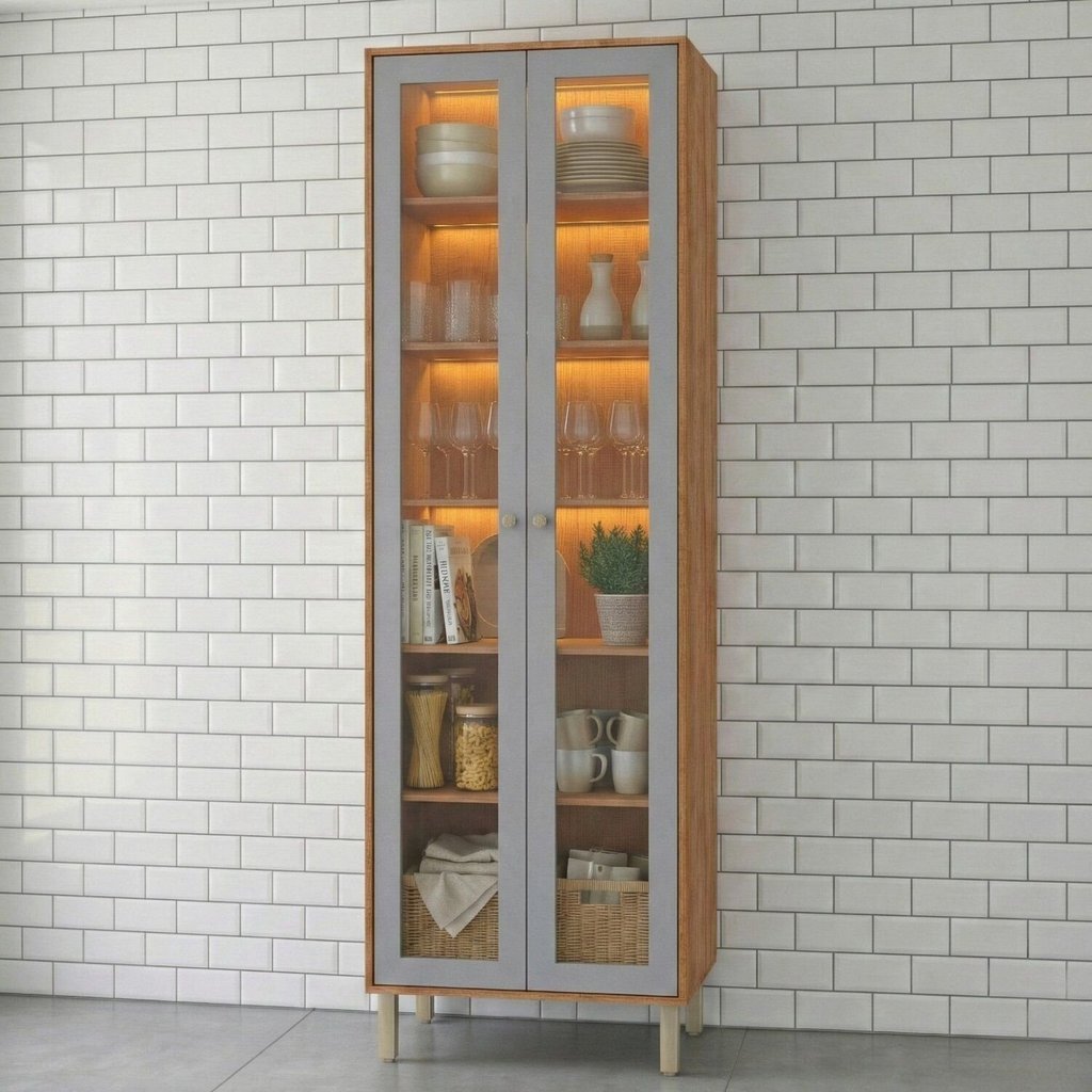 Cristaleira com LED 2 Portas Reflecta 70 cm Divina Brilhante Celeste Bege/Cinamomo/Platina