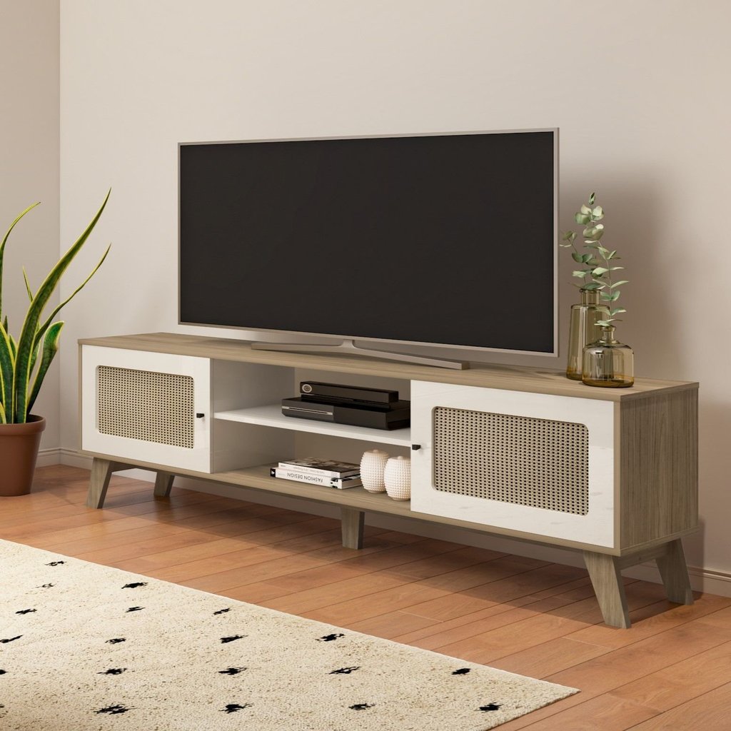Rack Retrô para TV até 75 Polegadas MDF 180cm 2 Portas Charlotte Marrom Carvalho/Off White