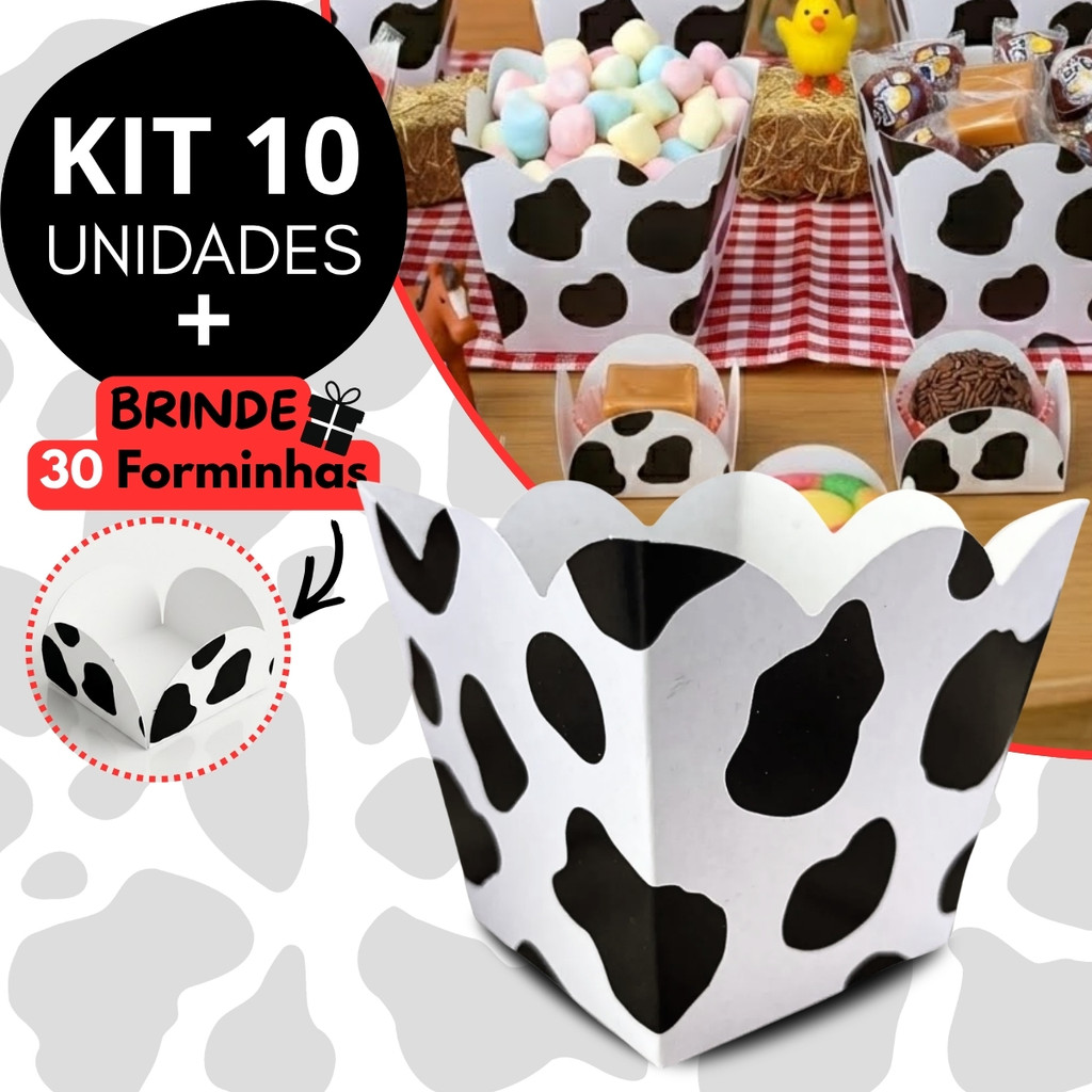 Kit 10 Cachepôs Decoração Vaquinha Pote De Papel Cachepot + 30 Formas De Doce