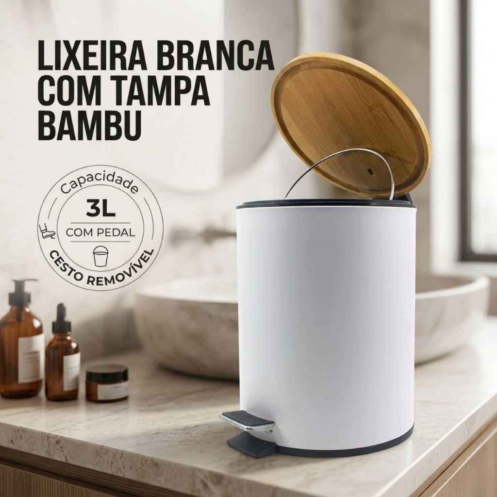 ️ Lixeira Inox Tampa de Bambu 3 Litros Pedal Cesto Removível com Alça para Banheiro Cozinha ️Escritório